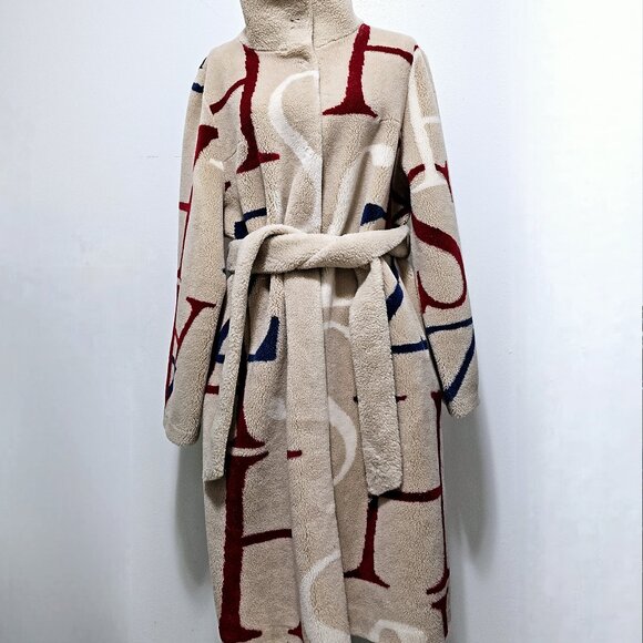 New Unbranded Cocoon Wool Teddy Bear Coat Beige Belted Alphabet Print No Alpaca - Picture 9 of 13
